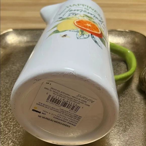 #1360** Happiness is Homemade Ceramic Pitcher with Green Handle - Picture 3 of 4